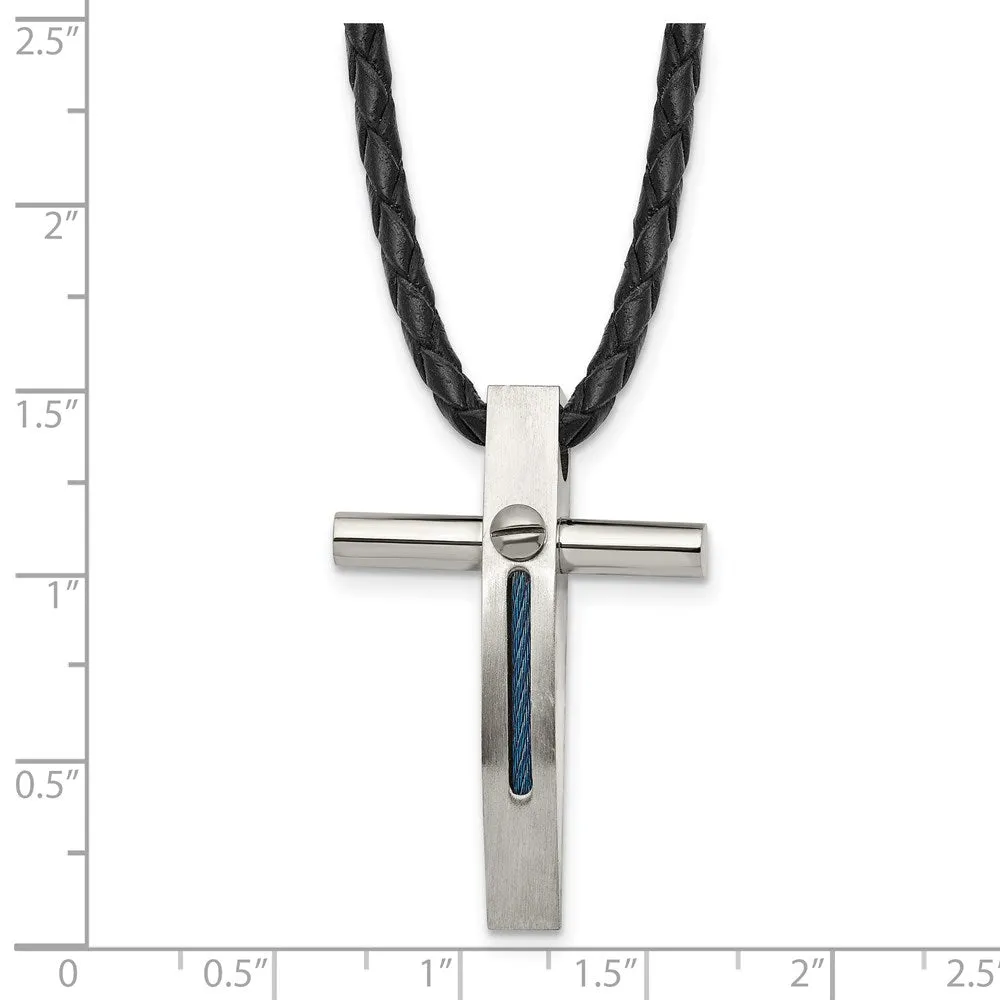 Chisel Stainless Steel Brushed and Polished Blue IP-plated Cable Cross Pendant on a 18 inch Leather Cord Necklace
