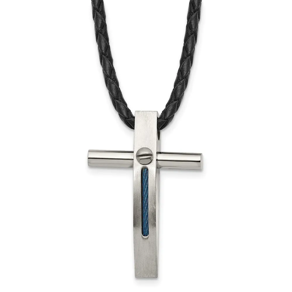 Chisel Stainless Steel Brushed and Polished Blue IP-plated Cable Cross Pendant on a 18 inch Leather Cord Necklace