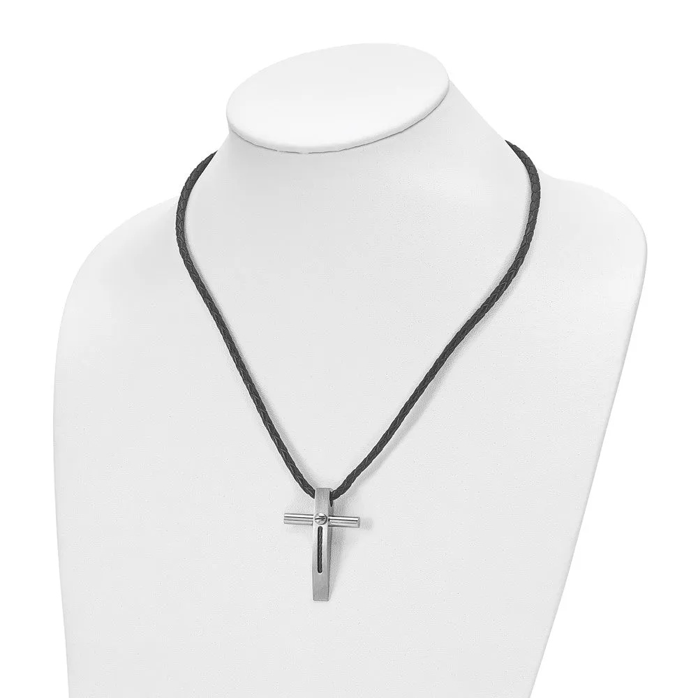 Chisel Stainless Steel Brushed and Polished Blue IP-plated Cable Cross Pendant on a 18 inch Leather Cord Necklace