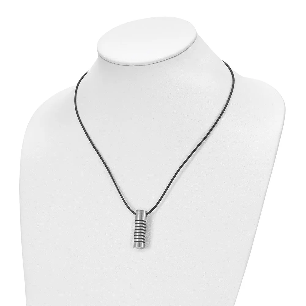 Chisel Stainless Steel Brushed and Polished with Black Rubber Cylinder on a 18 inch Leather Cord Necklace