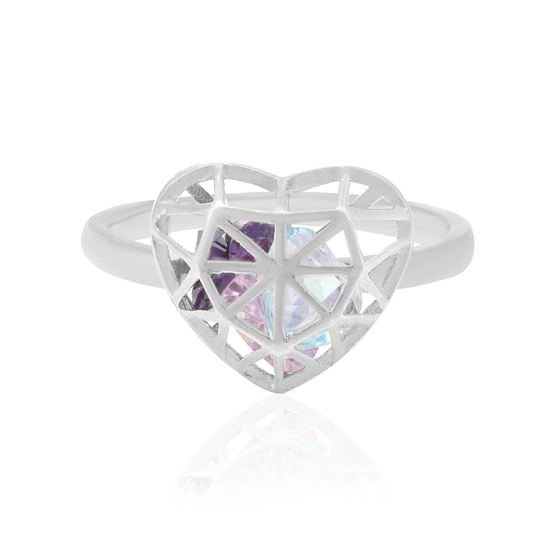 Chromatic Love 925 Rhodium Plated Geometric Heart Rings