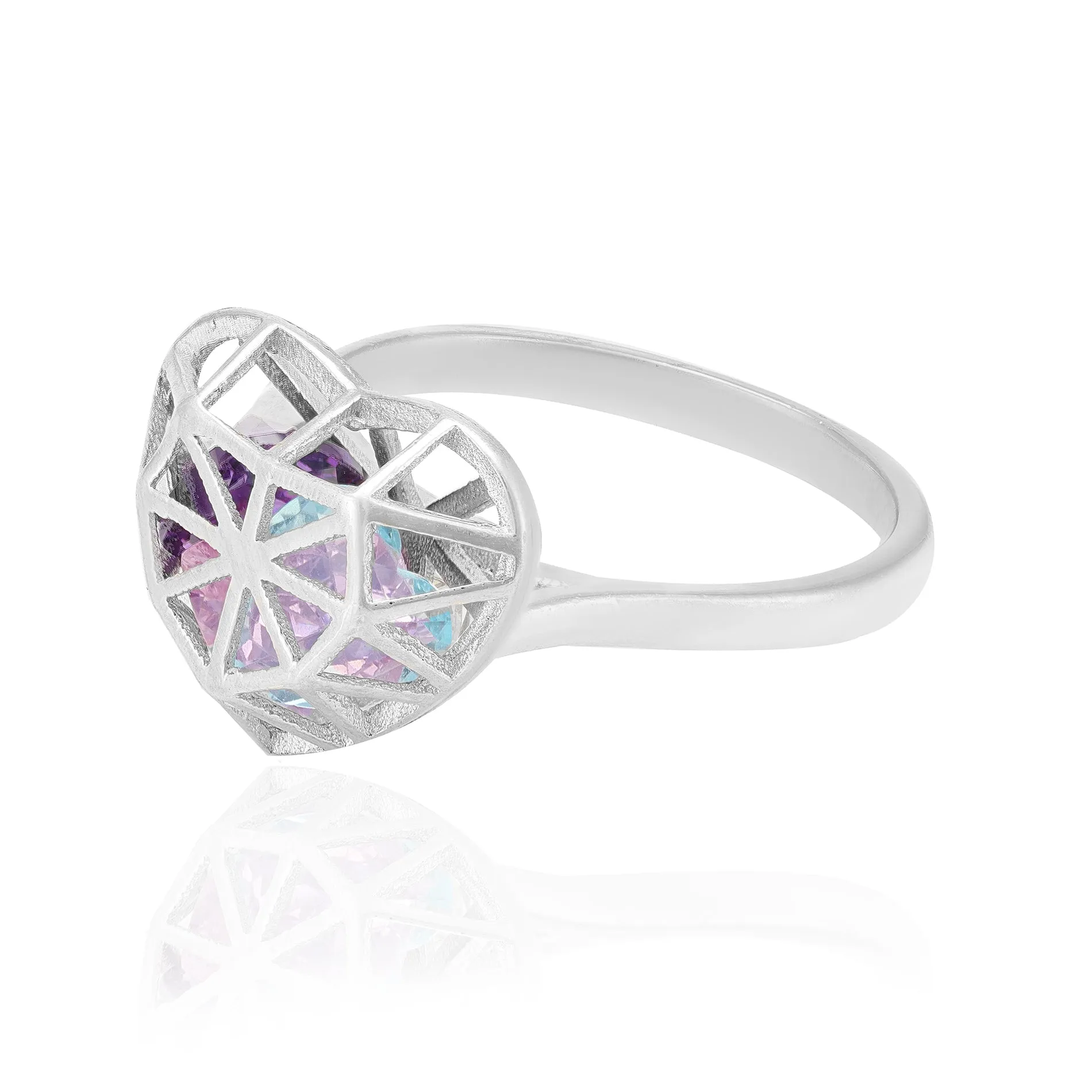 Chromatic Love 925 Rhodium Plated Geometric Heart Rings