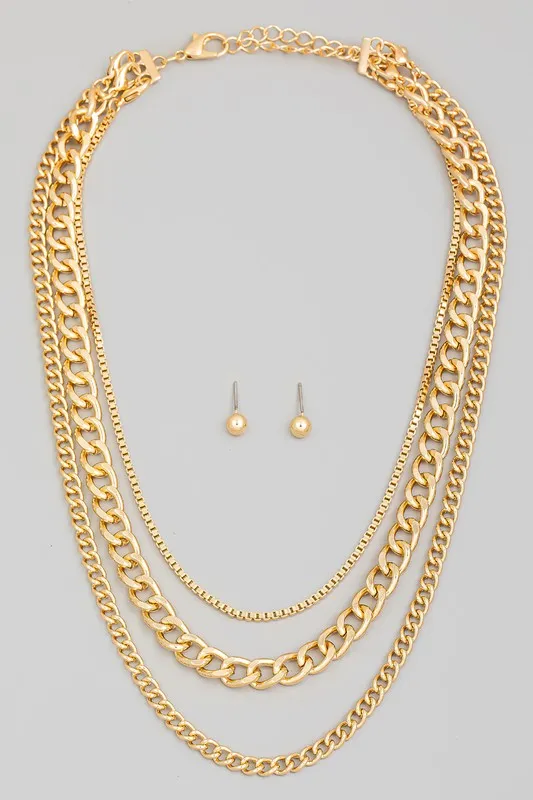 Chunky Curb Chain Layered Necklace & Earring Set - Gold