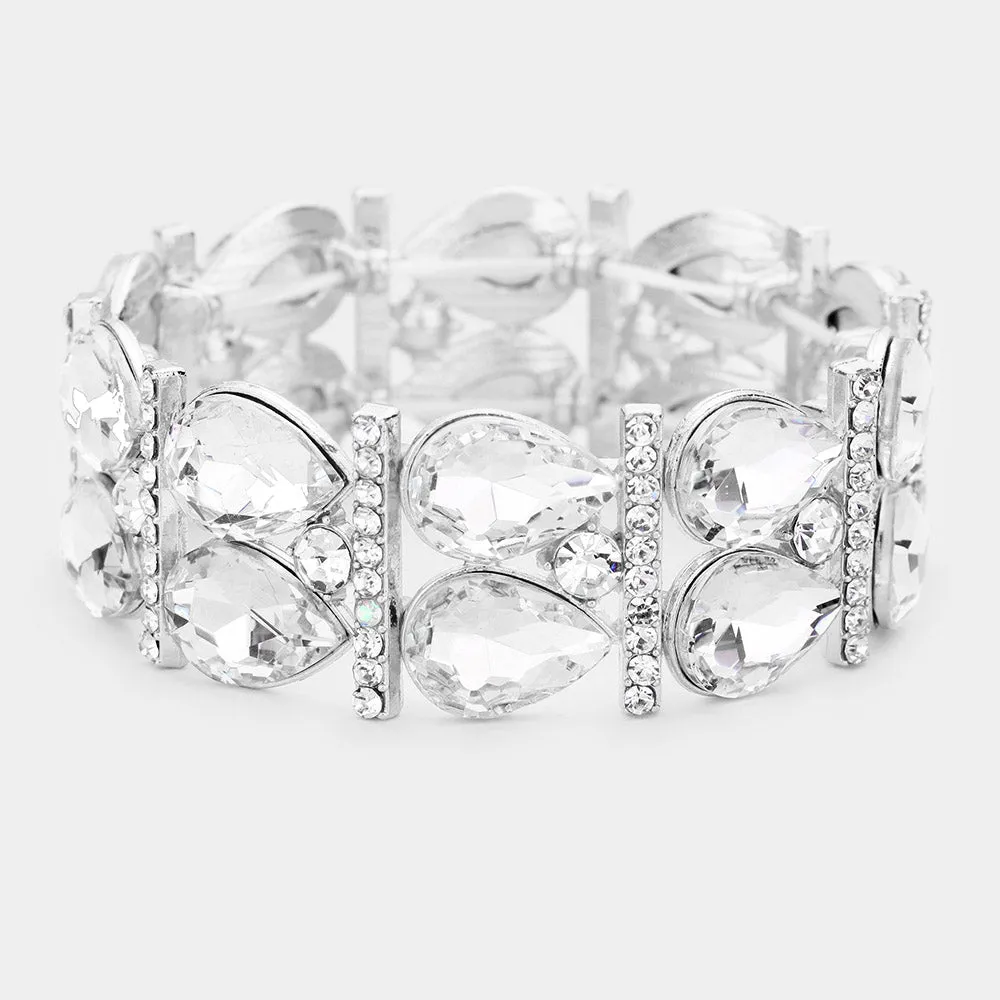 Clear Crystal Teardrop Stretch Pageant Bracelet on Silver | 429354