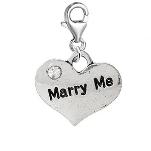 Clip on Mary Me Wedding Heart w/ Clear  Crystals Charm Pendant for European Clip on Jewelry w/ Lobster Clasp