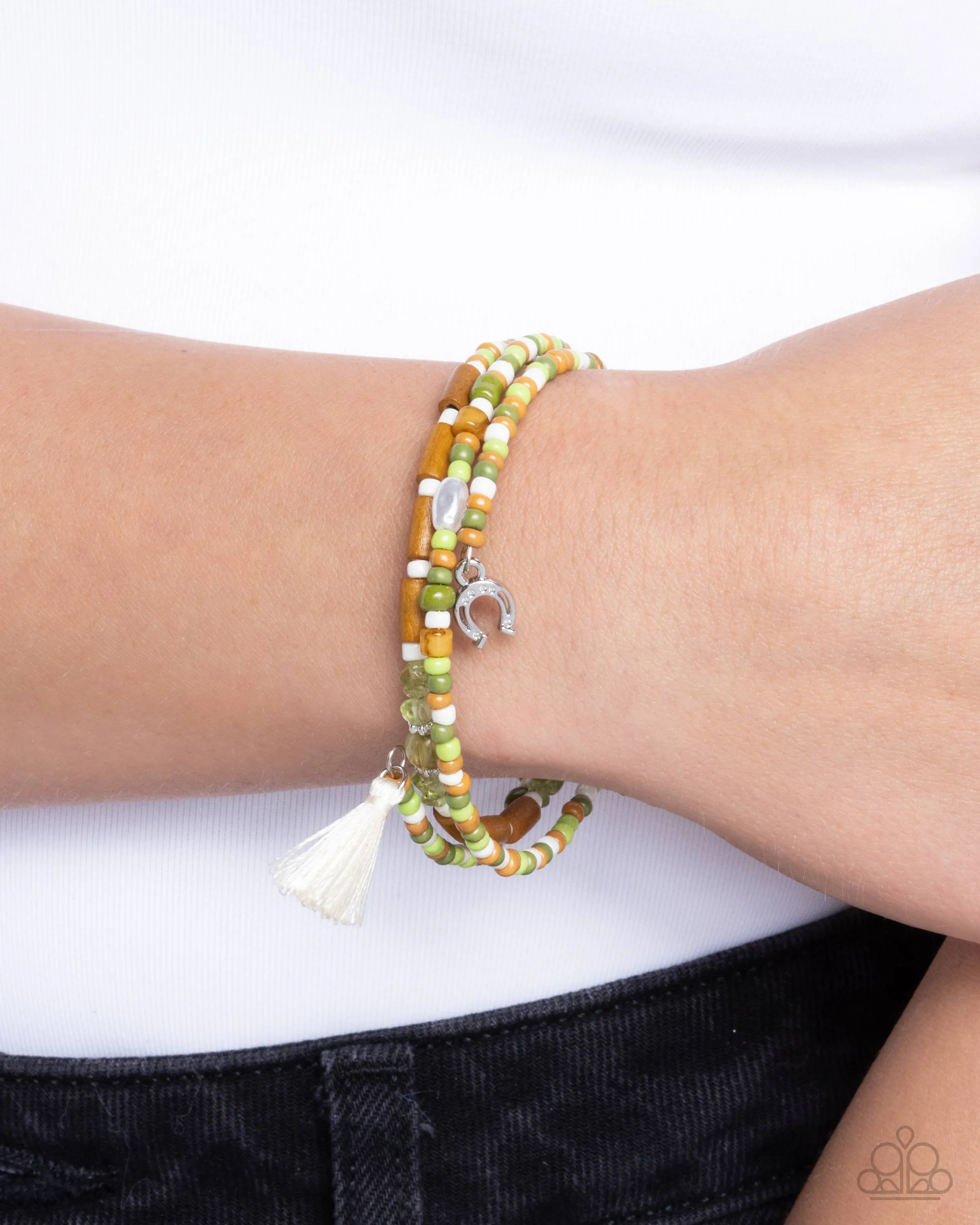 Colored Conversation - Green - Brown, and White Bead Silver Horseshoe Paparazzi Coil Bracelet