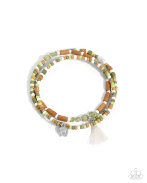 Colored Conversation - Green - Brown, and White Bead Silver Horseshoe Paparazzi Coil Bracelet