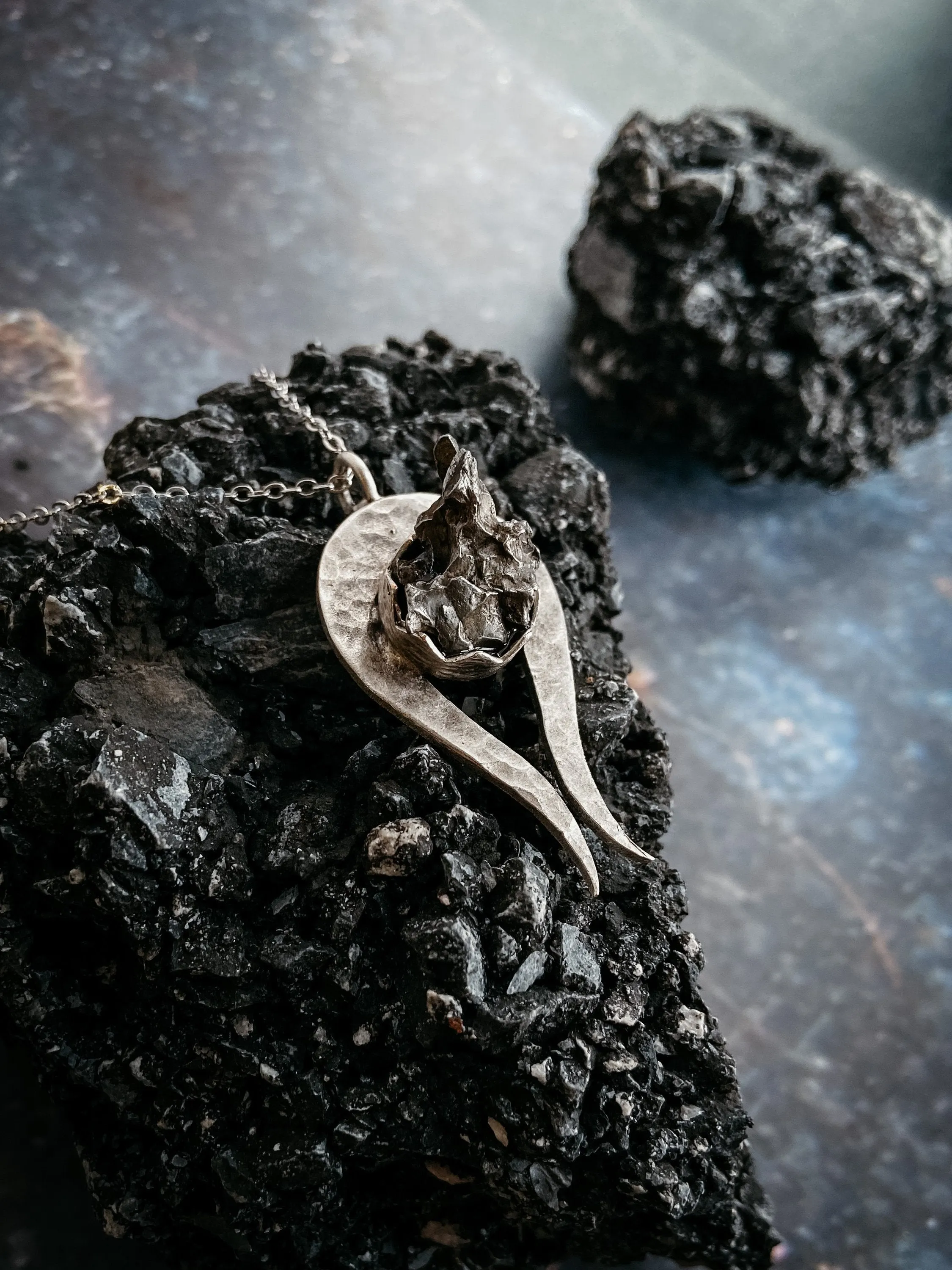 Comet Necklace with Authentic Meteorite - Chunky Silver Pendant on Leather or Metal Chain, Unisex Gift for Science and Space Enthusiasts