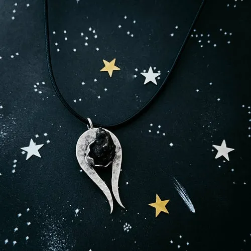 Comet Necklace with Authentic Meteorite - Chunky Silver Pendant on Leather or Metal Chain, Unisex Gift for Science and Space Enthusiasts