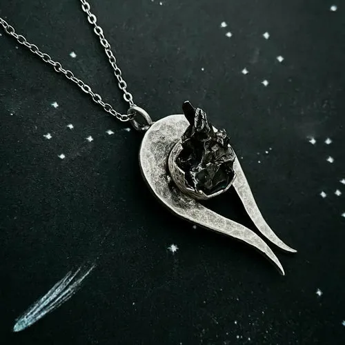 Comet Necklace with Authentic Meteorite - Chunky Silver Pendant on Leather or Metal Chain, Unisex Gift for Science and Space Enthusiasts