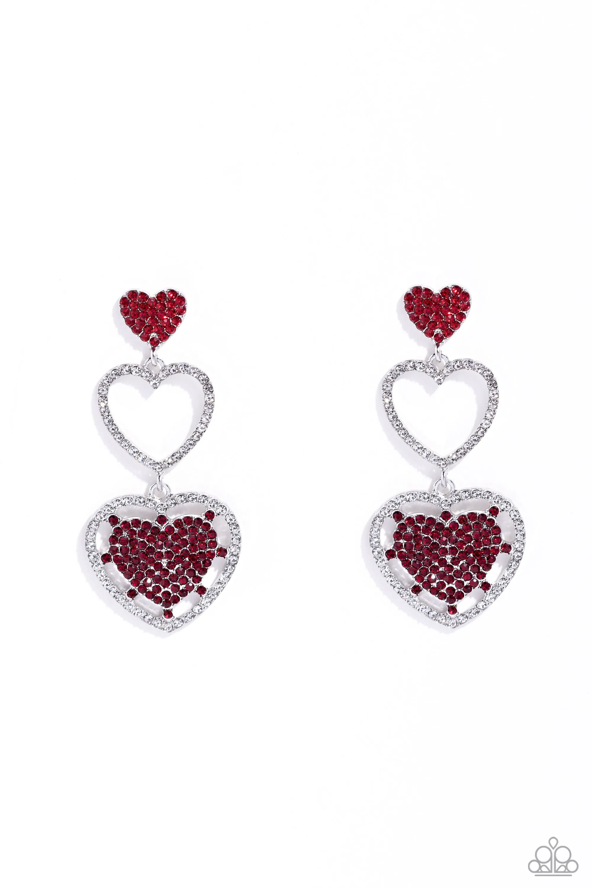 Couples Celebration - Red - and White Rhinestone Heart Paparazzi Post Earrings