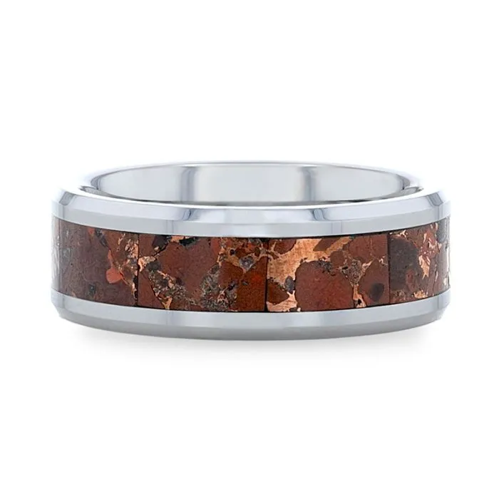 CROWN Tungsten Carbide Ring with Beveled Edges and Orange Copper Conglomerate Inlay - 8 mm