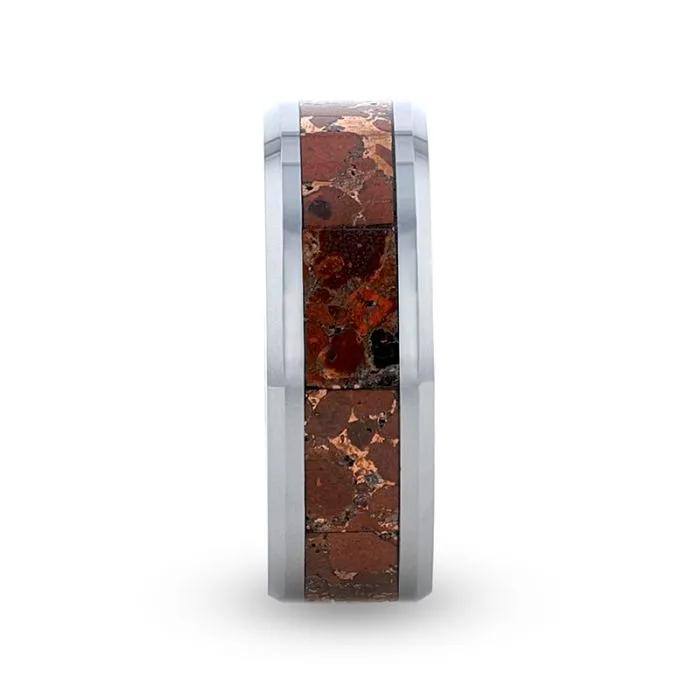 CROWN Tungsten Carbide Ring with Beveled Edges and Orange Copper Conglomerate Inlay - 8 mm