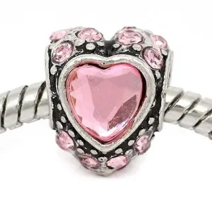 Crystals with Pink Acrylic Heart in the Middle Charm European Bead Compatible for Most European Snake Chain Bracelet