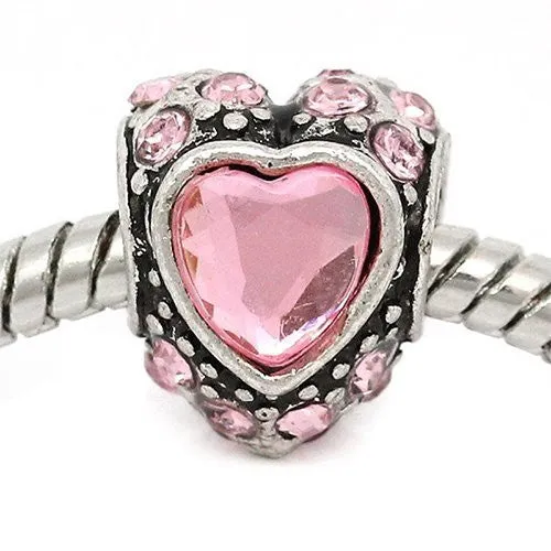 Crystals with Pink Acrylic Heart in the Middle Charm European Bead Compatible for Most European Snake Chain Bracelet