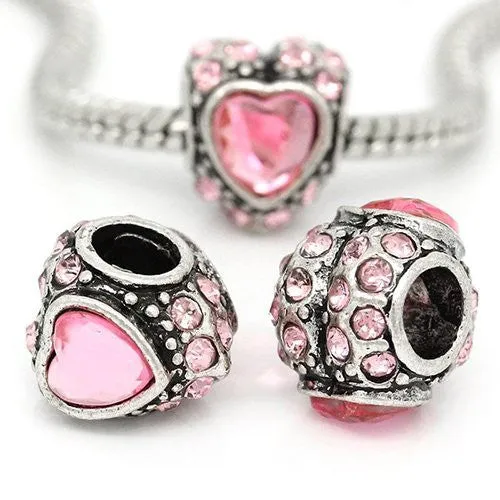 Crystals with Pink Acrylic Heart in the Middle Charm European Bead Compatible for Most European Snake Chain Bracelet