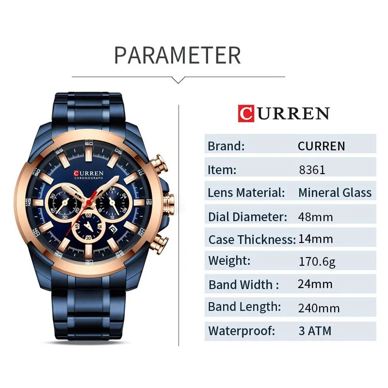 CURREN Brand Watches Stainless Steel Men Sport Quartz Wrist Watch Men Business Chronograph Fashion Military Waterproof Watch