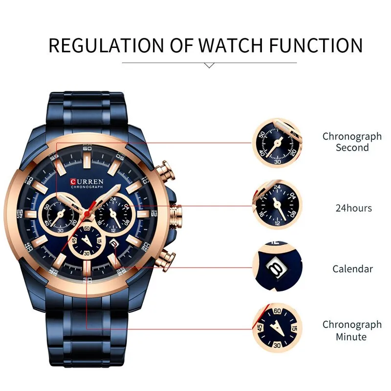 CURREN Brand Watches Stainless Steel Men Sport Quartz Wrist Watch Men Business Chronograph Fashion Military Waterproof Watch