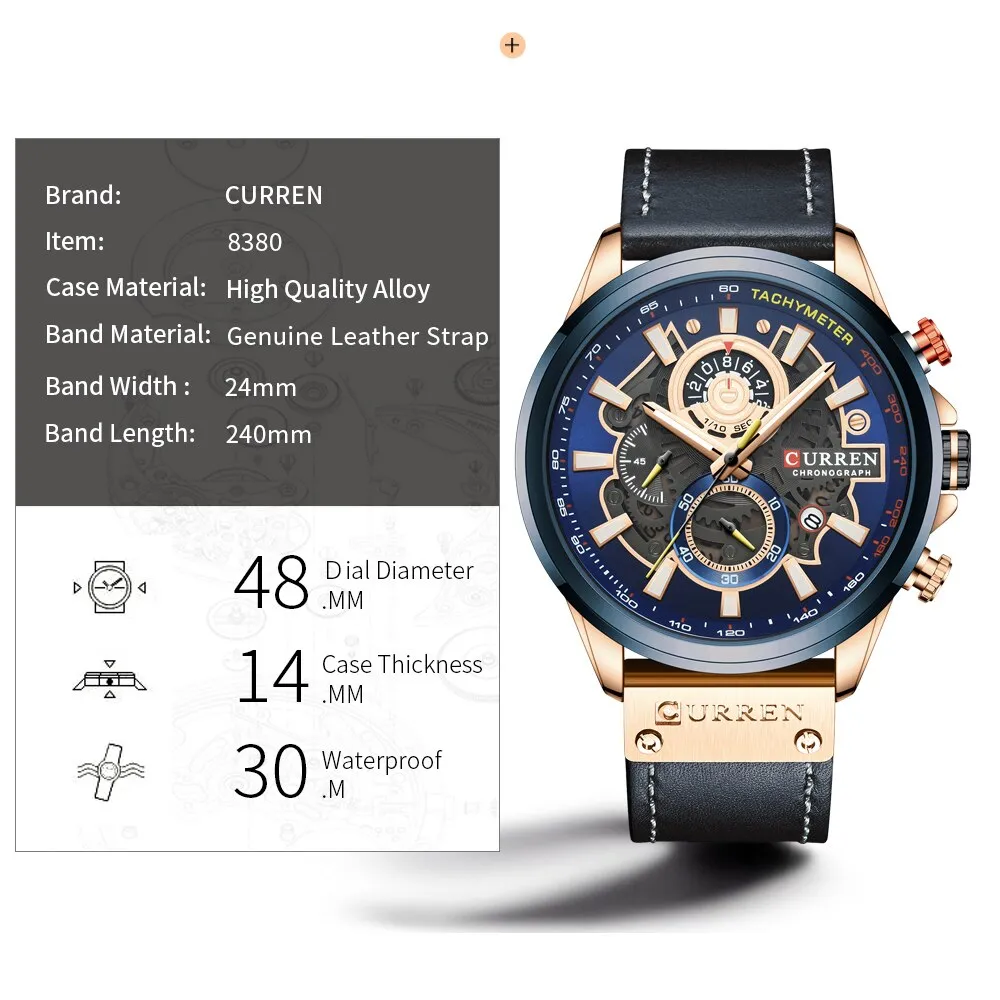 CURREN Mens Watches Fashion Leather Sport Quartz Watch Men Top Brand Luxury Waterproof Military Chronograph Relogio Masculino