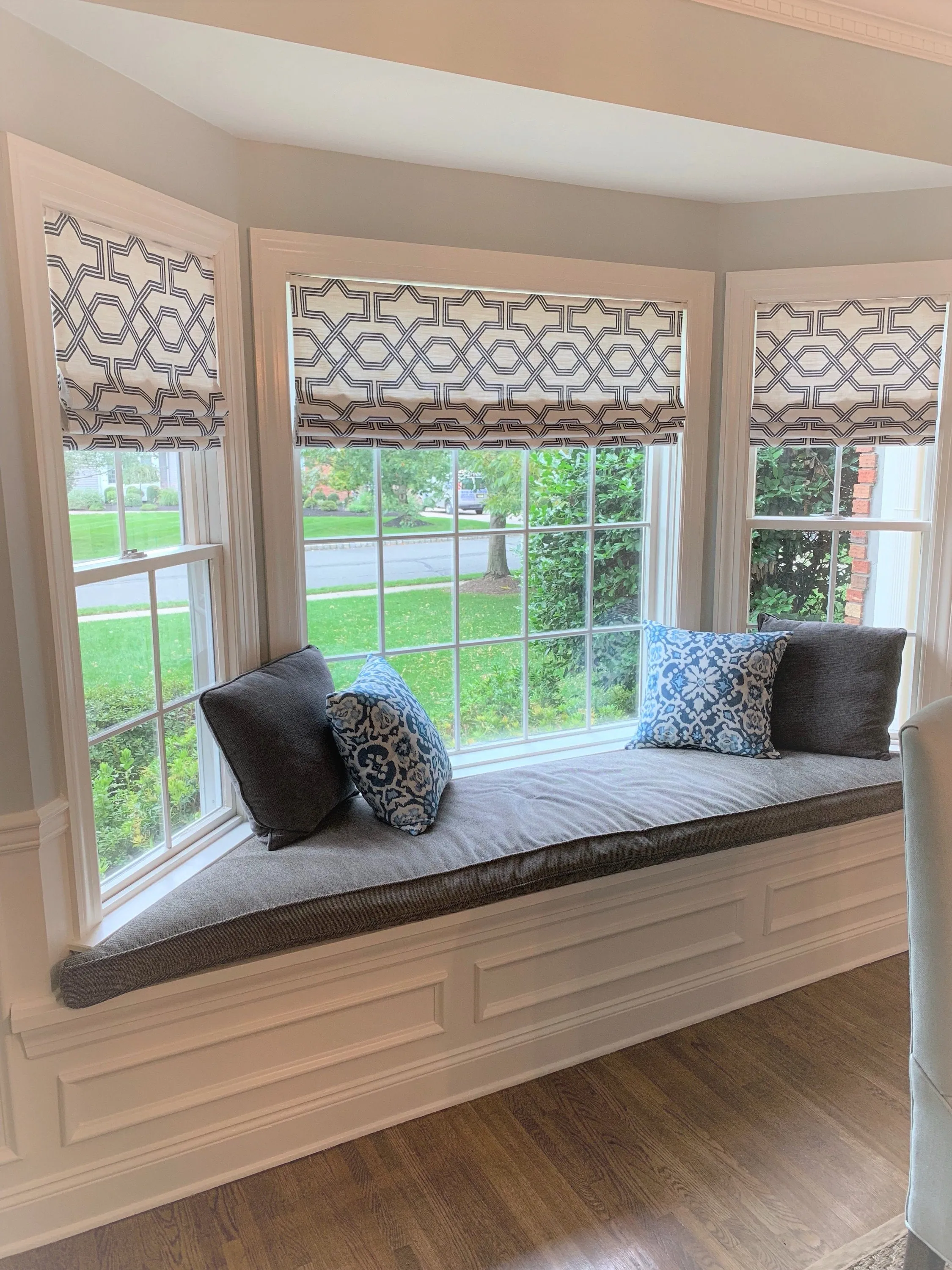 Custom Made Faux Roman Shade Valance, Ander Blue, Graphite Grey or Pewter & White Print on Premium Cotton Linen, Fully Lined