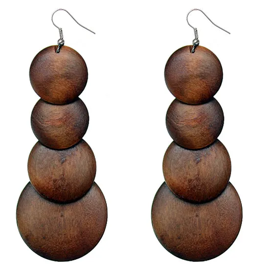 Dark Brown Wooden Round Disc Cascade Earrings