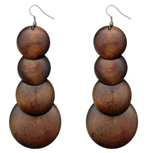 Dark Brown Wooden Round Disc Cascade Earrings