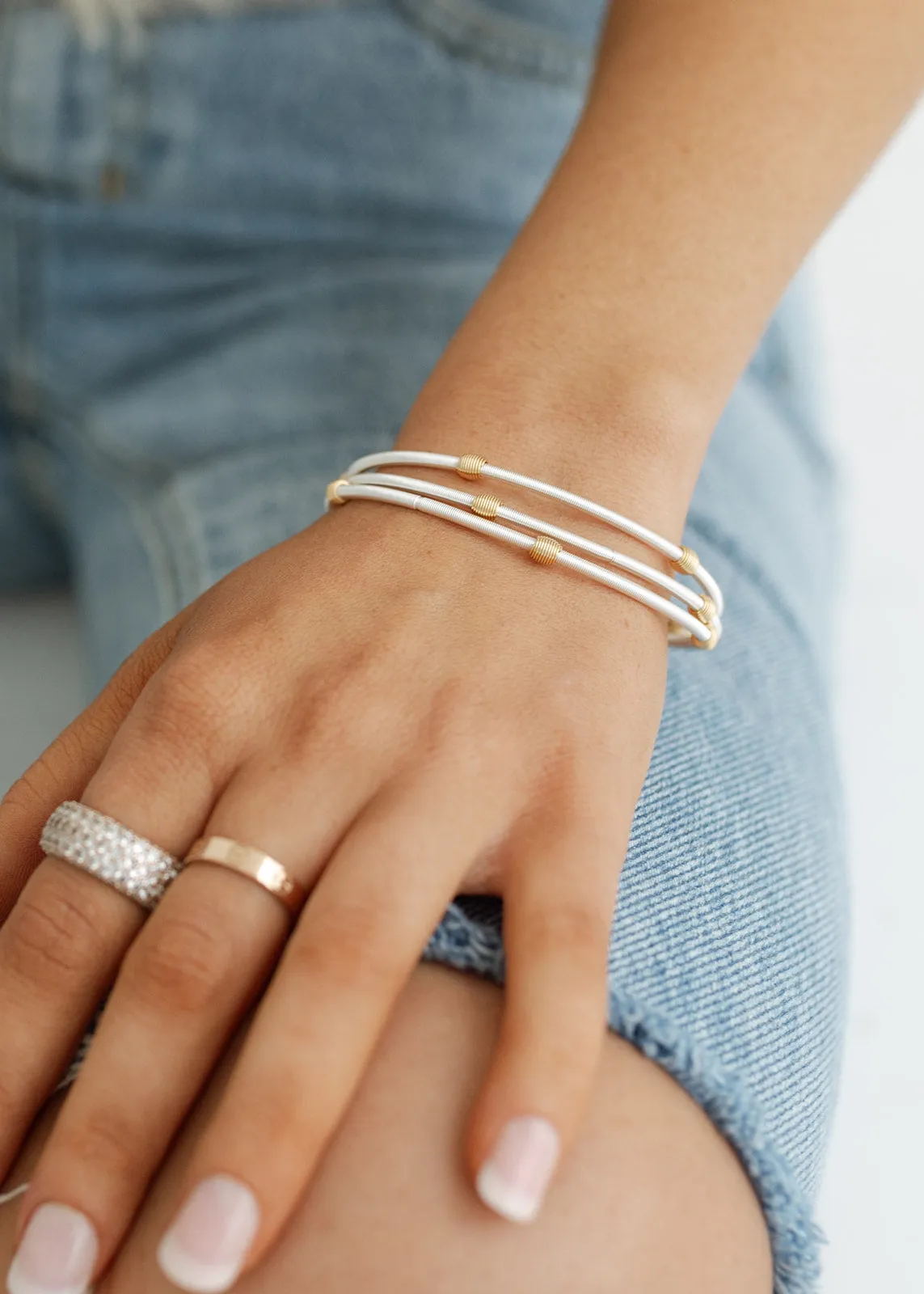 Dia Sterling Silver Bracelet Set - Gold Beaded
