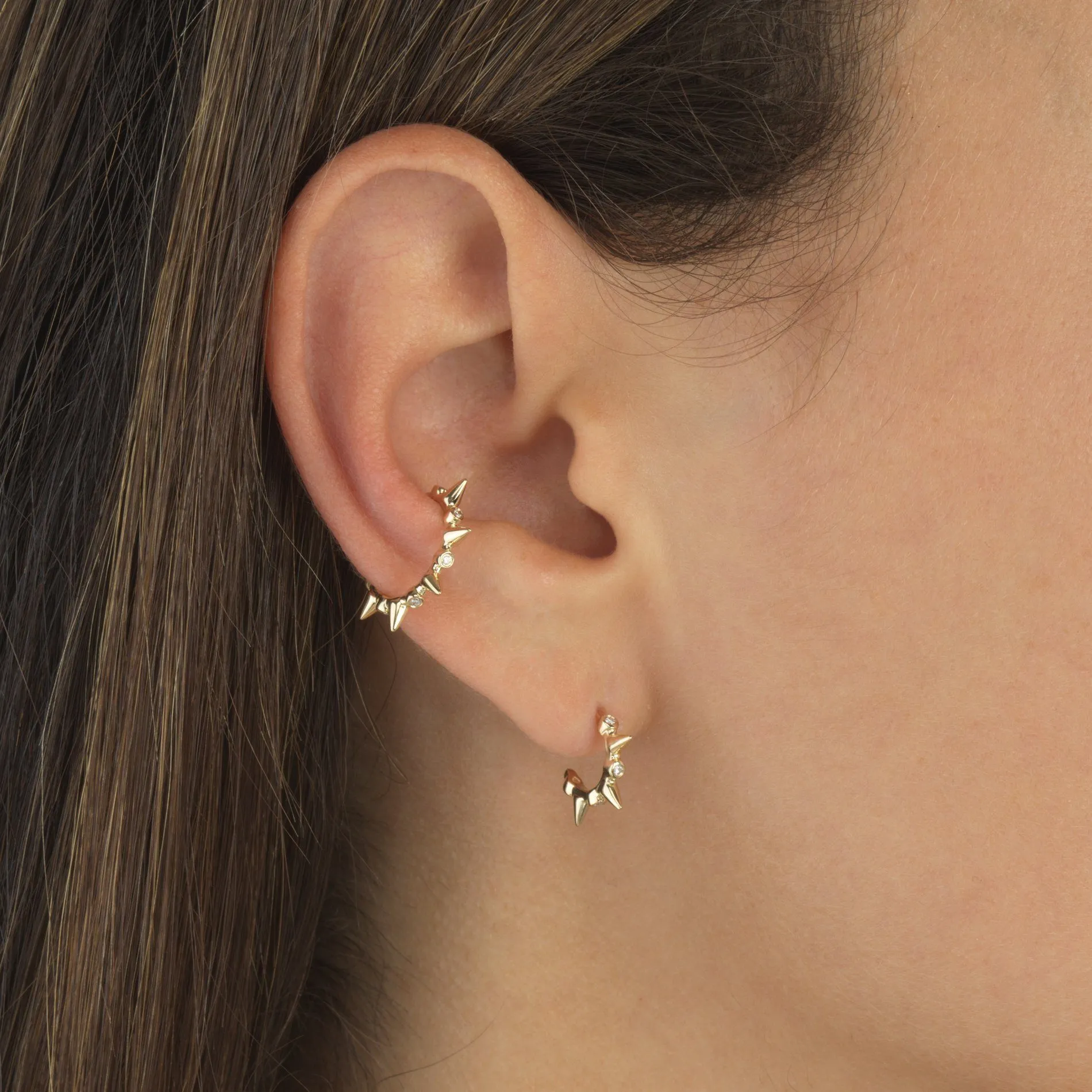 Diamond Bezel Spike Hoop Earring 14K