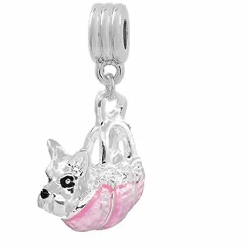 Dog in Pink Bag European Bead Compatible for Most European Snake Chain Bracelet