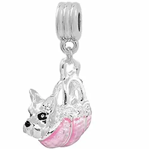 Dog in Pink Bag European Bead Compatible for Most European Snake Chain Bracelet