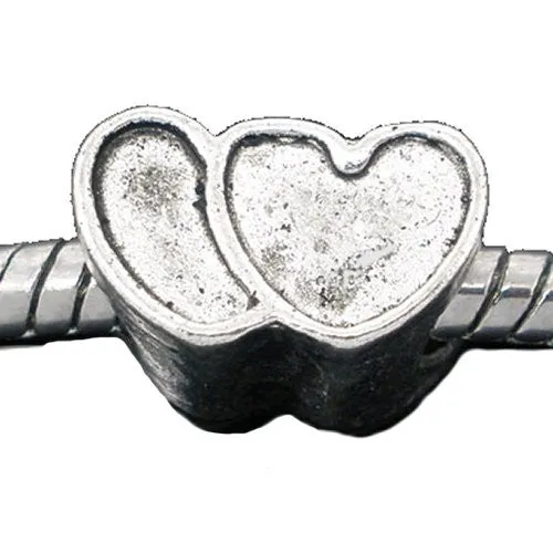 Double Heart Charm European Bead Compatible for Most European Snake Chain Bracelet