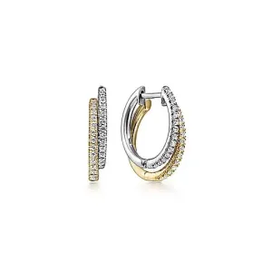Double Layered 15mm Diamond Huggie Earrings in Yellow and White Gold, 0.29 cttw