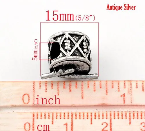 Drum with Drum Sticks Musical Instruments Charm European Bead Compatible for Most European Snake Chain Bracelet