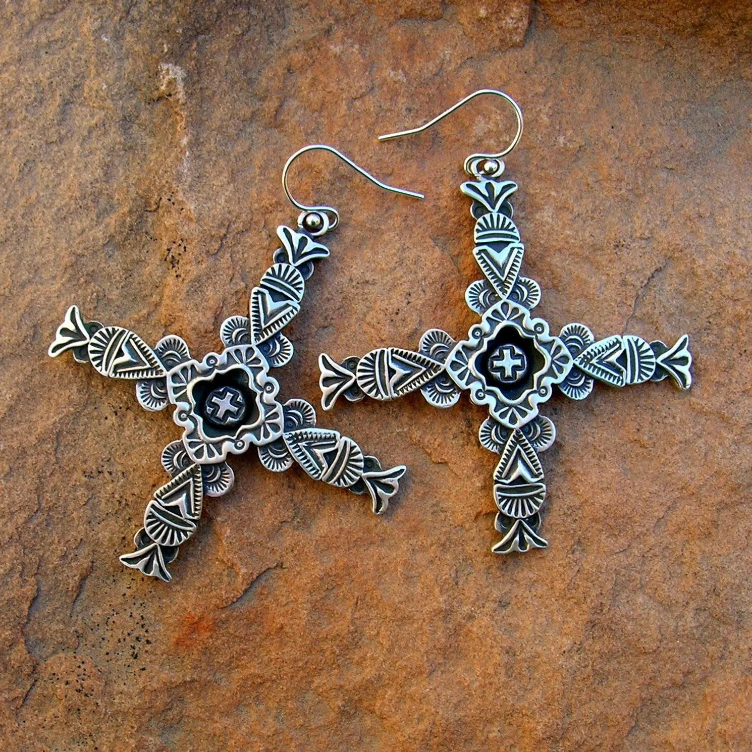E38B Carmel Cross Shadow Box Cross Earrings