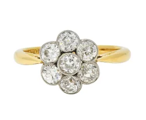 Edwardian Old European Diamond Platinum 18 Karat Yellow Gold Antique Floral Cluster Ring