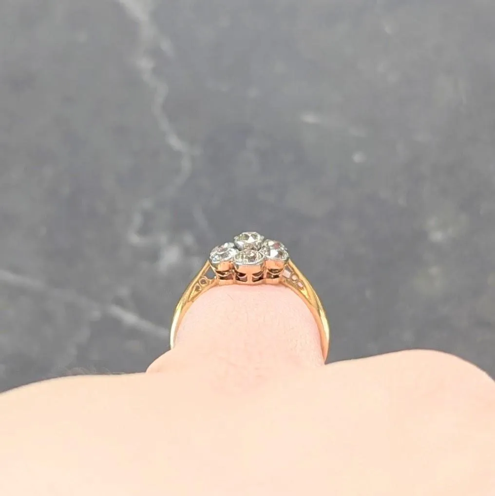 Edwardian Old European Diamond Platinum 18 Karat Yellow Gold Antique Floral Cluster Ring