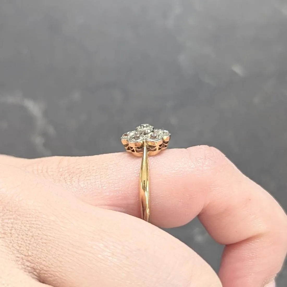 Edwardian Old European Diamond Platinum 18 Karat Yellow Gold Antique Floral Cluster Ring