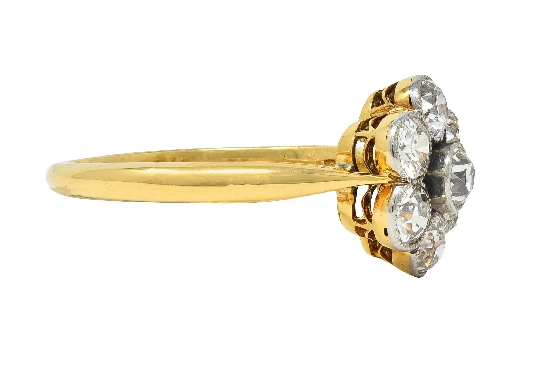 Edwardian Old European Diamond Platinum 18 Karat Yellow Gold Antique Floral Cluster Ring