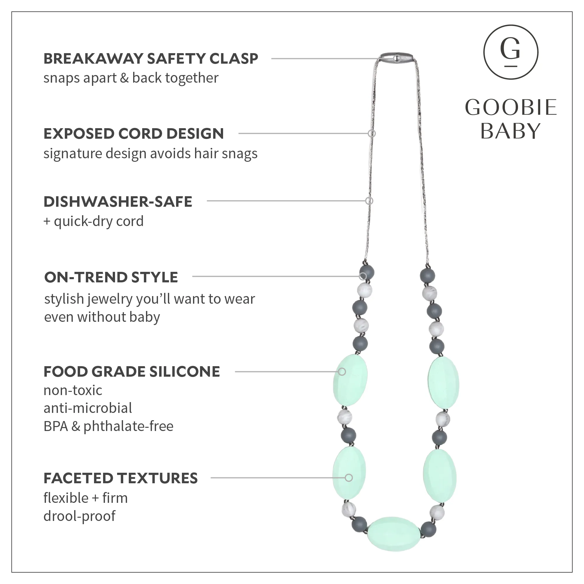 Emma Teething Necklace - Mint/Marble/Gray
