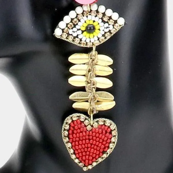 Evil Eye Accented Heart Link Earrings