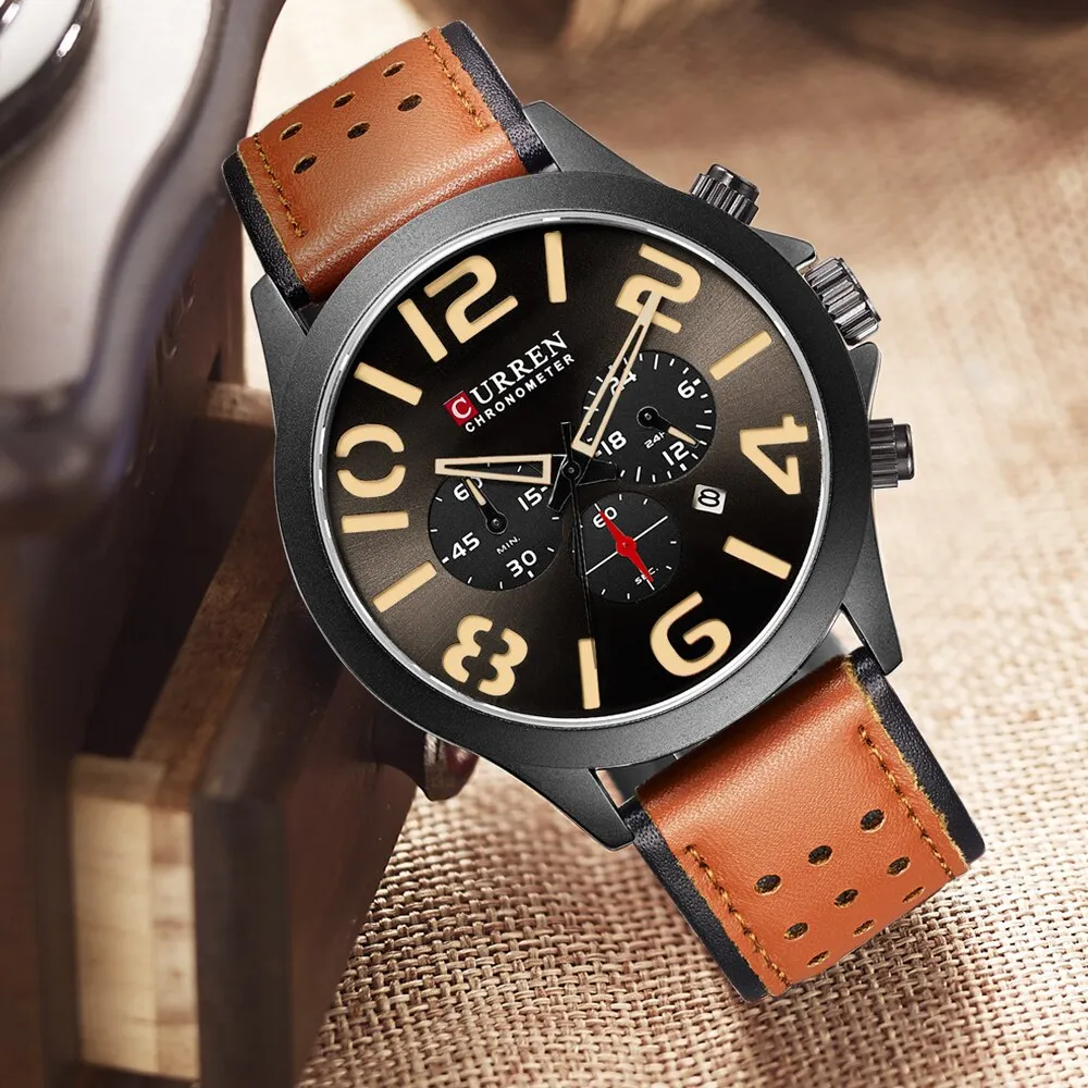 Fashion Chronograph CURREN Mens Watches Analog Quartz Waterproof Sport Wrist Watch Men Military Leather Relogio Masculino