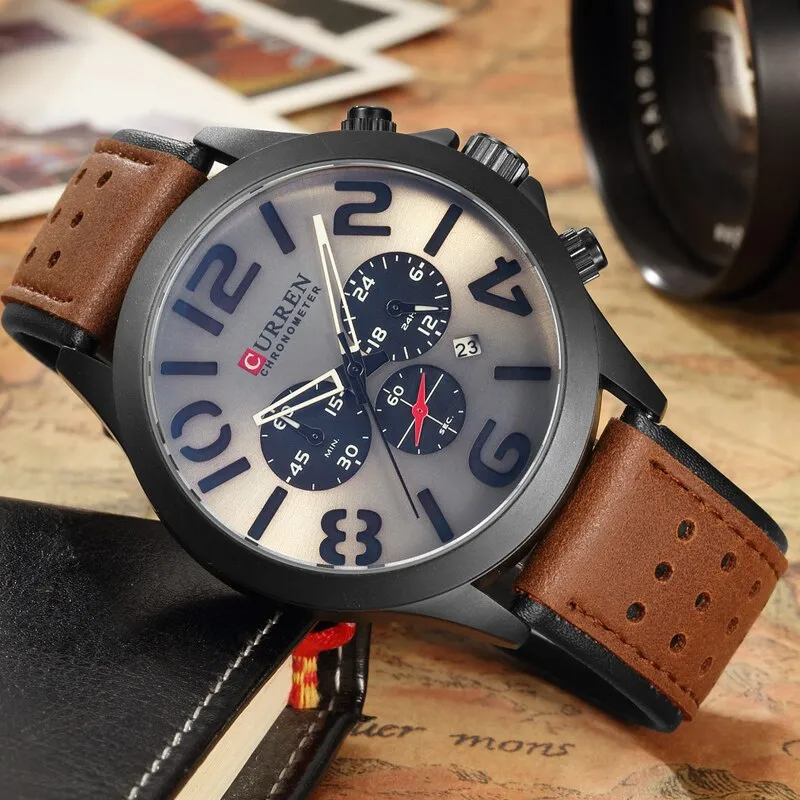Fashion Chronograph CURREN Mens Watches Analog Quartz Waterproof Sport Wrist Watch Men Military Leather Relogio Masculino