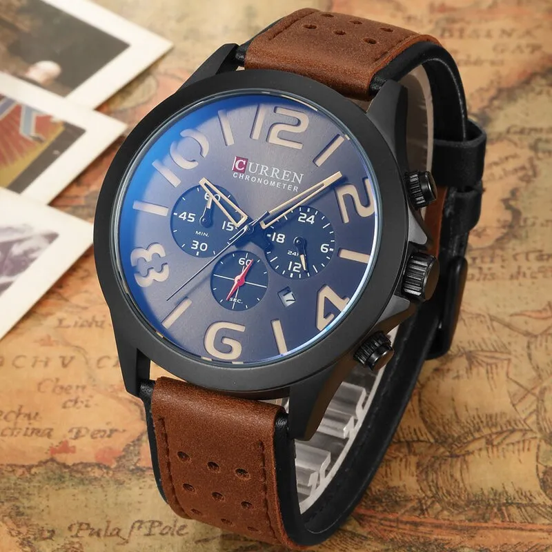 Fashion Chronograph CURREN Mens Watches Analog Quartz Waterproof Sport Wrist Watch Men Military Leather Relogio Masculino