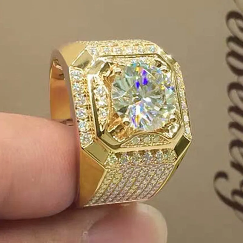 Fashion Gold Color Big White Crystal CZ Ring For Women Men Hip Hop Full Crystal Engagement Ring Men Wedding Band Party Jewelry