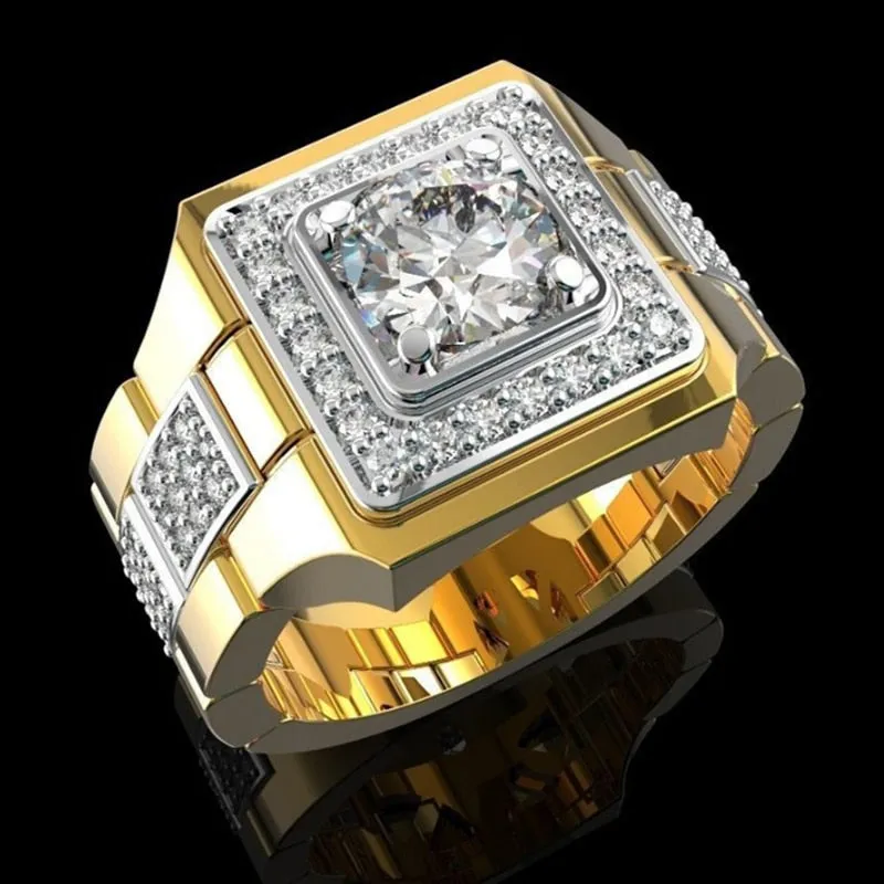 Fashion Gold Color Big White Crystal CZ Ring For Women Men Hip Hop Full Crystal Engagement Ring Men Wedding Band Party Jewelry
