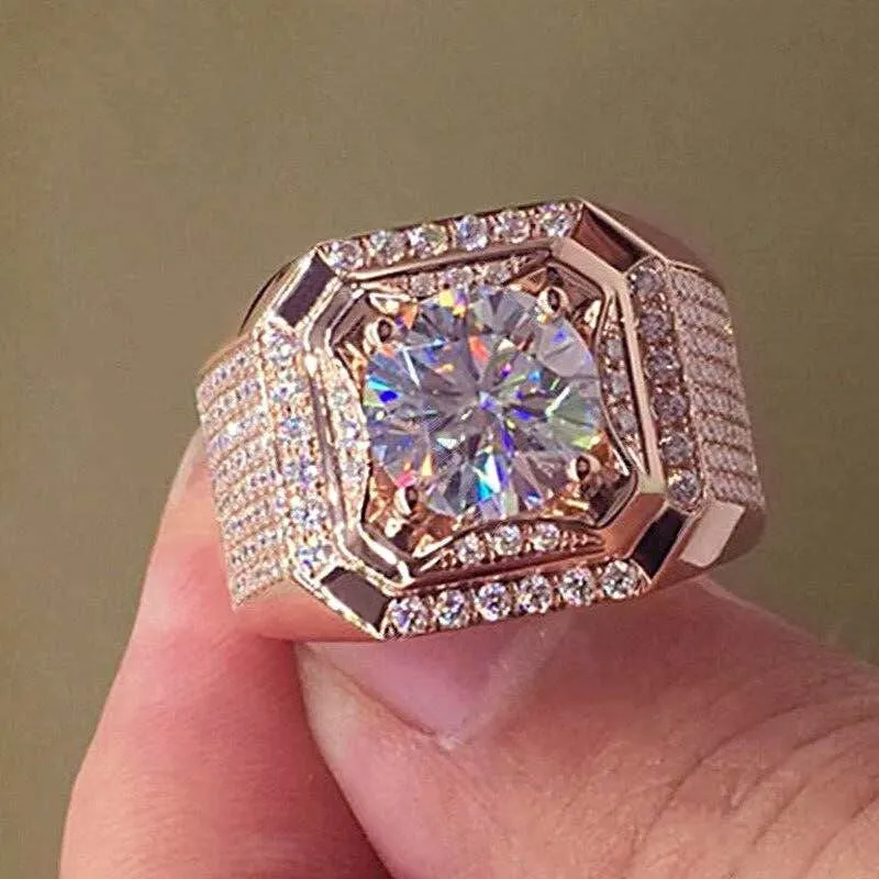 Fashion Gold Color Big White Crystal CZ Ring For Women Men Hip Hop Full Crystal Engagement Ring Men Wedding Band Party Jewelry