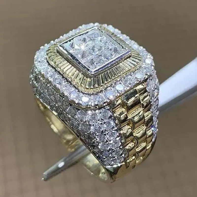 Fashion Gold Color Big White Crystal CZ Ring For Women Men Hip Hop Full Crystal Engagement Ring Men Wedding Band Party Jewelry