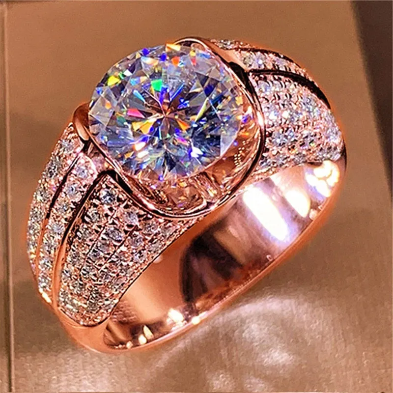 Fashion Gold Color Big White Crystal CZ Ring For Women Men Hip Hop Full Crystal Engagement Ring Men Wedding Band Party Jewelry