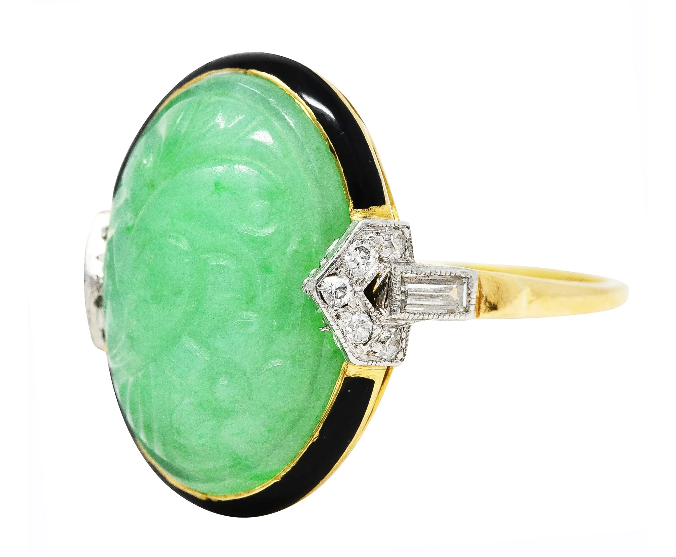 Felger Art Deco Diamond Jade Enamel Platinum 18 Karat Yellow Gold Ring