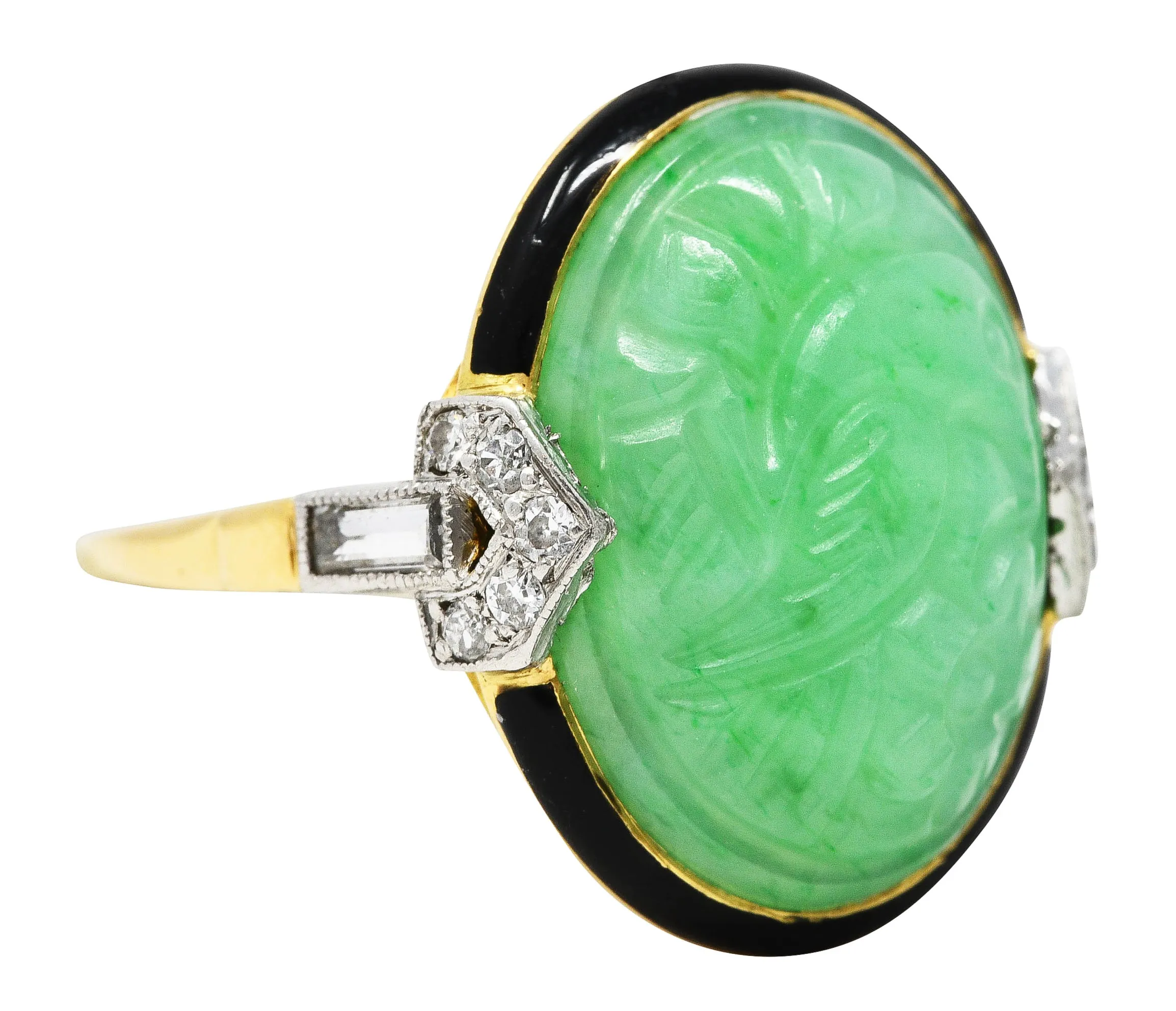 Felger Art Deco Diamond Jade Enamel Platinum 18 Karat Yellow Gold Ring